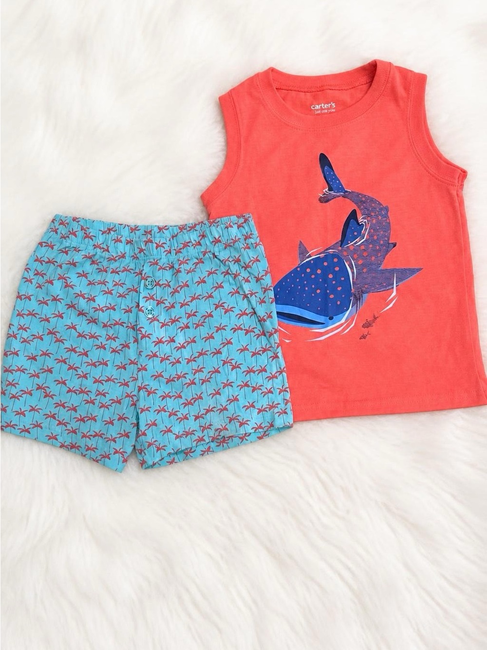 Carter's Coral Tank Top with Blue Shark & Aqua Palm-Print Shorts Size 4T